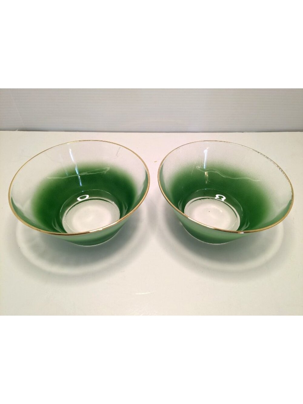 Set Of Two Green & Gold Trim Blendo Glass Bowls Mid-Century Modern Atomic Style